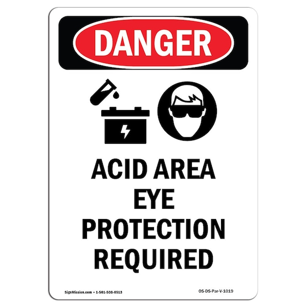 Signmission OSHA Danger Sign, Acid Area Eye Protection, 7in X 5in Decal, 7" H, 5" W, Portrait OS-DS-D-57-V-1019 - main